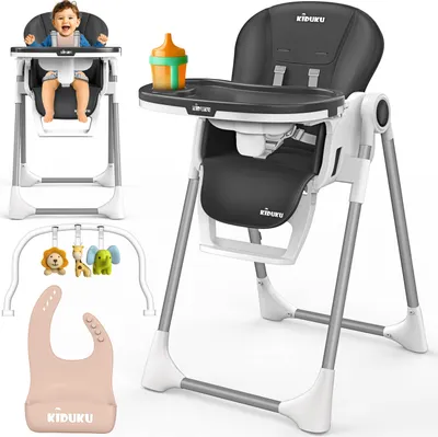 Produktbild von KIDUKU® Hochstuhl Baby 3in1 mit Neugeborenenaufsatz + Lätzchen, Spielbogen & Tisch | Kinderhochstuhl klappbar mit Liegefunktion | Kombihochstuhl höhenverstellbar | Babystuhl mitwachsend 0-36 Monate