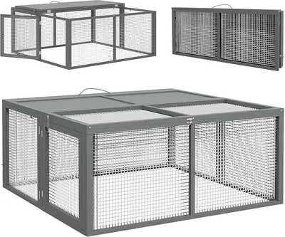Produktbild von Hasenstall Klappbar Kaninchenstall aus Holz 110 x 105 x 50 cm Kaninchenkäfig mit aufklappbarem Dach, Freilaufgehege, Griff, Stahlgitter, Hasenkäfig für Meerschweinchen Outdoor Grau