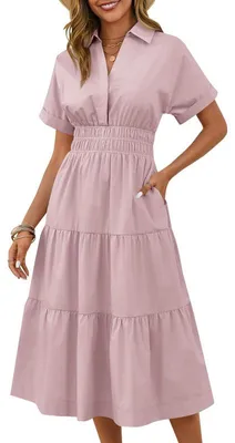 Produktbild von Imily Bela Sommerkleid für Damen, kurzärmelig, extra lang, lässiger V-Ausschnitt, gerafft, locker geschnitten, mehrlagig, fließendes Hemdkleid mit Taschen
