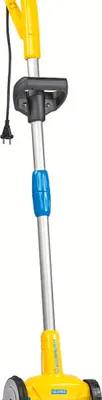 A close-up, studio shot of a yellow electric weed brush on a white background.