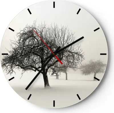 Produktbild von Wanduhr - Rund - Glasuhr - Bäume Schnee Nebel - 30x30cm - Schleichendes Uhrwerk - Lautlos - zum Aufhängen bereit - Dekoration Modern - Wanddekoration aus Glas - C3AR30x30-4136