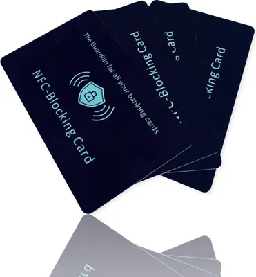 Productafbeelding van 4 RFID-blokkeerkaarten voor NFC-bescherming van bank- en creditcards. Beschermingskaart, blokkeerkaart