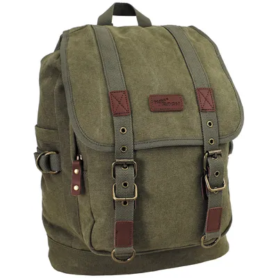 A green canvas rucksack with brown leather accents and brass buckles, shown against a white background.