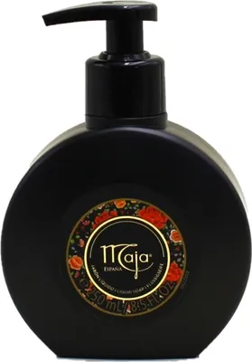 A black pump dispenser bottle of liquid soap with a floral label.
