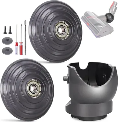 A collage of vacuum cleaner replacement parts, including wheels, screws, and a connector piece.