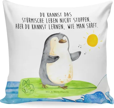 Produktbild von Mr. & Mrs. Panda kuschelkissen 40x40 Pinguin Surfer - Weiß - Geschenk, Portugal, Sofakissen, Optimistisch, Sofa Kissen, Hawaii, Motiviert, Urlaub, 40 x 40, Deko