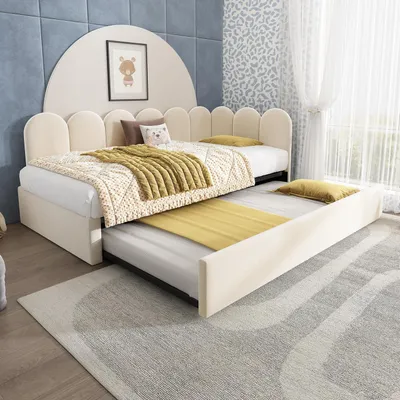 Obrázek produktu pro Postel s úložným prostorem a přistýlkou 90x200 cm, rozkládací pohovka s opěrky, přistýlka, samet, béžová barva