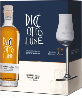 A gift set of Marzadro Diciotto Lune grappa with two glasses, presented in a box.