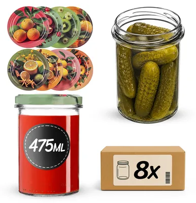 Produktbild von KADAX Einmachgläser 475ml mit Ø 82 mm Schraubdeckel, Marmeladengläser, Schraubgläser zum Einkochen, Einmachen und Aufbewahren von Marmelade & Honig (Exotische Früchte, 8 Stück)
