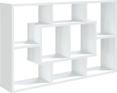 A white shelving unit against a white background.