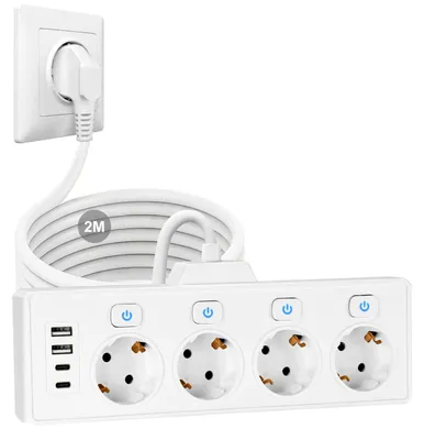 Obrázek produktu pro Zásuvková lišta s USB porty – Víceúčelová zásuvková lišta s 4 zásuvkami Schuko a 2 porty USB-A a 2 porty USB-C – S vypínačem a 2 metrovým kabelem