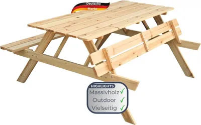 Produktbild von Outdoor Picknicktisch KLEIS - 170cm, Massives Tannenholz, Faltbare Sitze | Picknickbank Sitzgruppe Aussen Bank Sitzbank Gartenbank