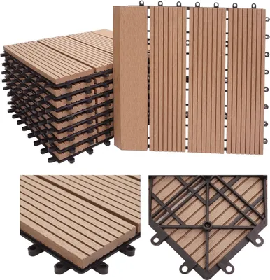 Produktbild von WPC Bodenfliese Sarthe + Abschluss, Holzoptik Balkon/Terrasse, 11x je 30x30cm = 1qm Premium  teak linear senkrecht