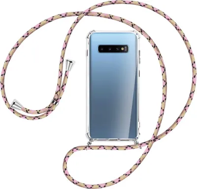 Produktbild von Handykette Backcover-Schutzhülle mit Band (Metall silberfarben) für Samsung Galaxy S10+ / S10 Plus - rosa Karo