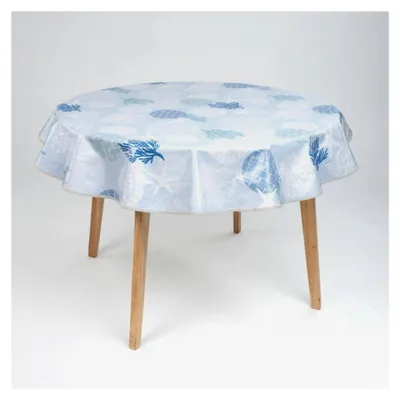 Produktbild von Runde Wachstuch Tischdecke 140 cm abwaschbar mit Paspelband, Muster: Strand Muschel Koralle Blau