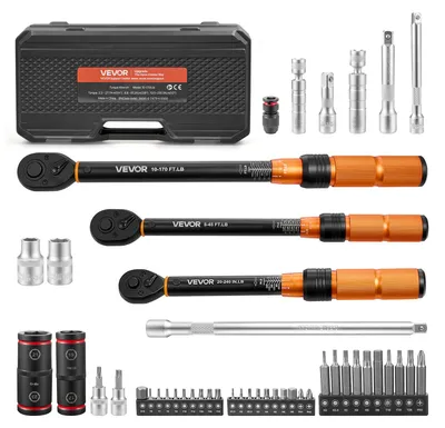Produktbild von VEVOR Drehmomentschlüssel-Set 1/4 3/8 1/2 Zoll Antrieb 47-tlg. Doppelskala, ±3% Genauigkeit Zündkerzensteckschlüssel Bits Verlängerungen Aufbewahrungskoffer für Kfz-Reparaturen