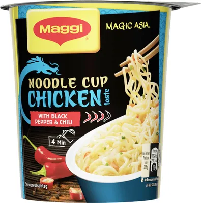 A product shot of a Maggi Magic Asia Noodle Cup Chicken.