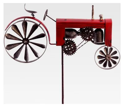 Produktbild von Metall Gartenstecker mit Windrad - Traktor Rot - wetterfest - Antik-Effekt - Windräder: Ø18cm, Motiv: 51x32cm, Gesamthöhe: 160cm – Gartendekoration