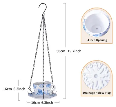 Image de Pot de fleurs suspendu en céramique, 16 cm, avec chaîne en métal, pour intérieur et extérieur
