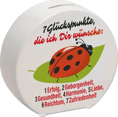 Produktbild von Marienkäfer Spardose mit Spruch Sieben Glückspunkte