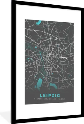 Produktbild von MuchoWow® Gerahmtes Poster Stadtplan - Leipzig - Deutschland - Karte 60x90 cm - Poster mit Schwarzem Bilderrahmen Wandposter Rahmen Foto Bilder - Dekoration - Wandposter Wohnzimmer - Hochwertig