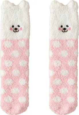 Produktbild von Flauschige Wintersocken mit niedlicher Tierstickerei, warme Socken, dicke, flauschige Plüschsocken mit Bären- und Katzenmotiven für Damen zum Schlafen und Entspannen zu Hause