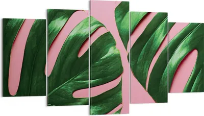 Produktbild von Bild auf Leinwand - Leinwandbild - 5 Teile - Monstera Blatt Rosa - 160x85cm - Wand Bild - Wanddeko - Wandbilder - Leinwanddruck - Bilder - Wanddekoration - Leinwand bilder - Wandbild - EA160x85-4407