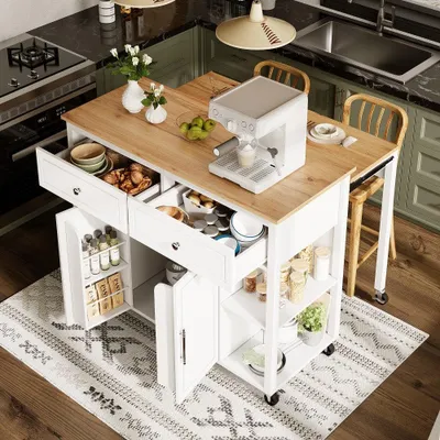 Immagine prodotto di Carrello da cucina - Carrello portavivande - Carrello servitore - Carrello portaoggetti - Carrello per la cucina - 2 cassetti e ripiani aperti