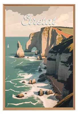 Image de Tableau mural encadré illustration falaise Etretat 65x97 cm, Tableau mural moderne pour décoration intérieure
