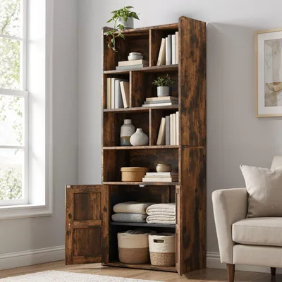 Produktbild von 4-stöckiges Bücherregal mit Türen und Schrank, Bücherregal, bodenstehendes Ausstellungsregal, 60 x 30 x 159 cm