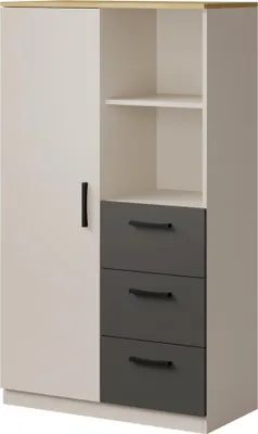 A studio shot of a wardrobe with a door and drawers.