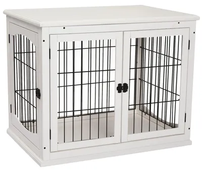 Produktbild von Hunde Käfigmöbel - Indoor Hundehütte - Modernes MDF - 2 Eingänge - Für Hunde bis 20 kg - Weiß
