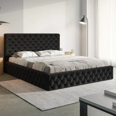 Produktbild von MOTIVENA Dalia Chesterfield Polsterbett 200x200 mit Bettkasten, Metall Lattenrost, Bett 200x200 Schwarz Samt (Amor 22)