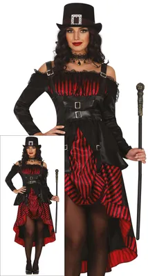 Produktbild von Steampunk Gothic Halloween Kleid Mit Zylinder Rüschen Detail Elegant Düster Grusel Flair Schwarze Eleganz Rot Schwarz Streifen AccessoiresFantasie Elemente, Größe: 36 - 38 (S) Farbe: Schwarz / Rot