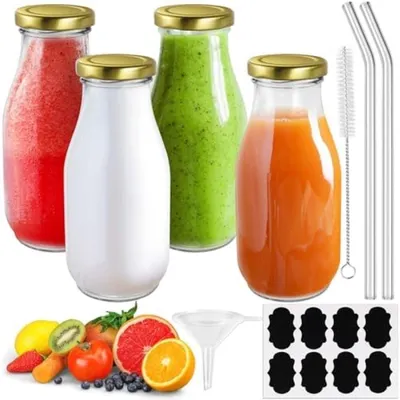 Productafbeelding van PromoHome® Set van 4 glazen melkflesjes van 330 ml met gouden dopjes, rietjes, trechter, etiketten en een reinigingsborstel - herbruikbaar