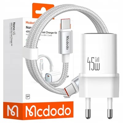 Zdjęcie produktu dla Mcdodo Szybka Ładowarka Do Telefonu Usb-C 45W Gan Kabel 1M Typ C Biała