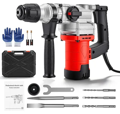 Produktbild von 3-in-1 Elektrowerkzeug - 1500W Bohrhammer Schlagbohrmaschine Meißelhammer - Set mit 5 Bohraufsätzen - Handgehalten - Rot