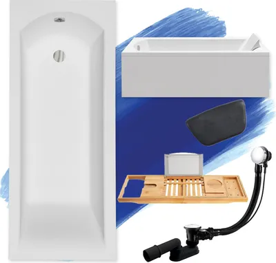 Produktbild von Badewanne Rechteck Set 5in1 180x80 mit Ablaufgarnitur und Füßen GRATIS + AcrylSchürze + Bambus Holzablage + Kopfstütze in Schwarz | BADLAND SHEA