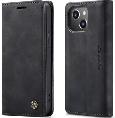 A black flip phone case for an iPhone 14 is shown from two angles.