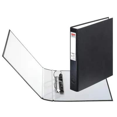 A black ring binder is shown open and closed on a white background.