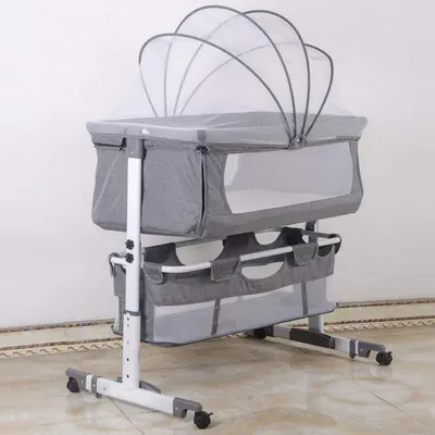 Image de Lit parapluie pour bébé, convertible en lit d'appoint, avec roulettes, pliable, moustiquaire et matelas, dimensions 92x58x70-90cm, couleur gris et blanc