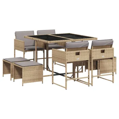 Produktbild von 9-tlg. Garten-Essgruppe mit Kissen Beigemischung Poly Rattan