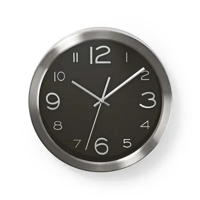 A wall clock with a black face and silver frame, shown against a white background.