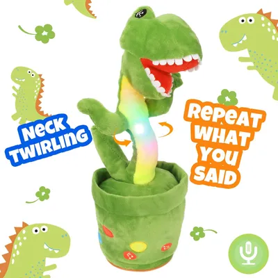 Obrázek produktu pro Mluvící dinosaurus hračka - Opakuje, co řekneš - Zpívá a tančí - Svítí - 33 cm - Zelená