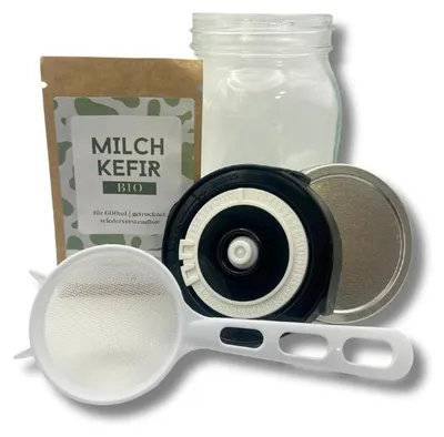 Produktbild von Joenos Milchkefir Starter Set – mit Glas, Fermentationsdeckel & feinem Sieb