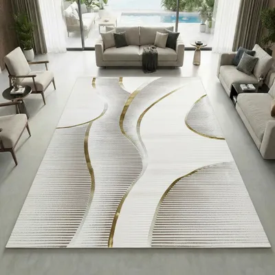Produktbild von Kurzflorteppich Creme geschwungene Linien Glanzoptik weich pflegeleicht für Wohnzimmer Schlafzimmer Größe - 240 x 340 cm