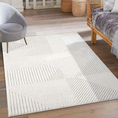 Produktbild von Kurzflor Teppich Creme - 160x230 cm - Wohnzimmer-Teppiche 3D-Effekt - Geo-Muster, Gestreift