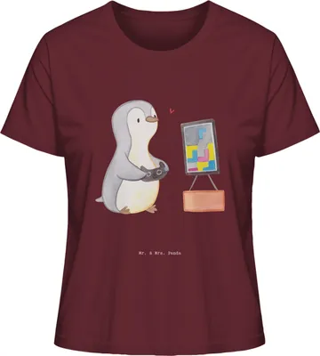 Produktbild von Mr. & Mrs. Panda Basic Shirt Damen Pinguin Zocken Größe XL - Burgundy - Geschenk, Videogames, T-Shirt, Kurzarmshirt, Videospiele, Gaming, Oberteil
