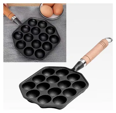 Produktbild von 14-Loch-Takoyaki-Grillpfanne aus Gusseisen mit abnehmbarem Griff für die Zubereitung von Pfannkuchen zu Hause