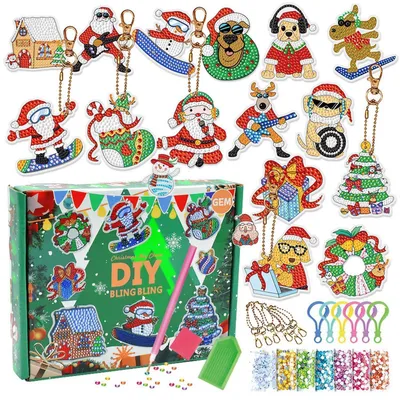 Productafbeelding van 5D Diamantverfijning sleutelhanger, kerstthema, 15 stuks, doe-het-zelf set